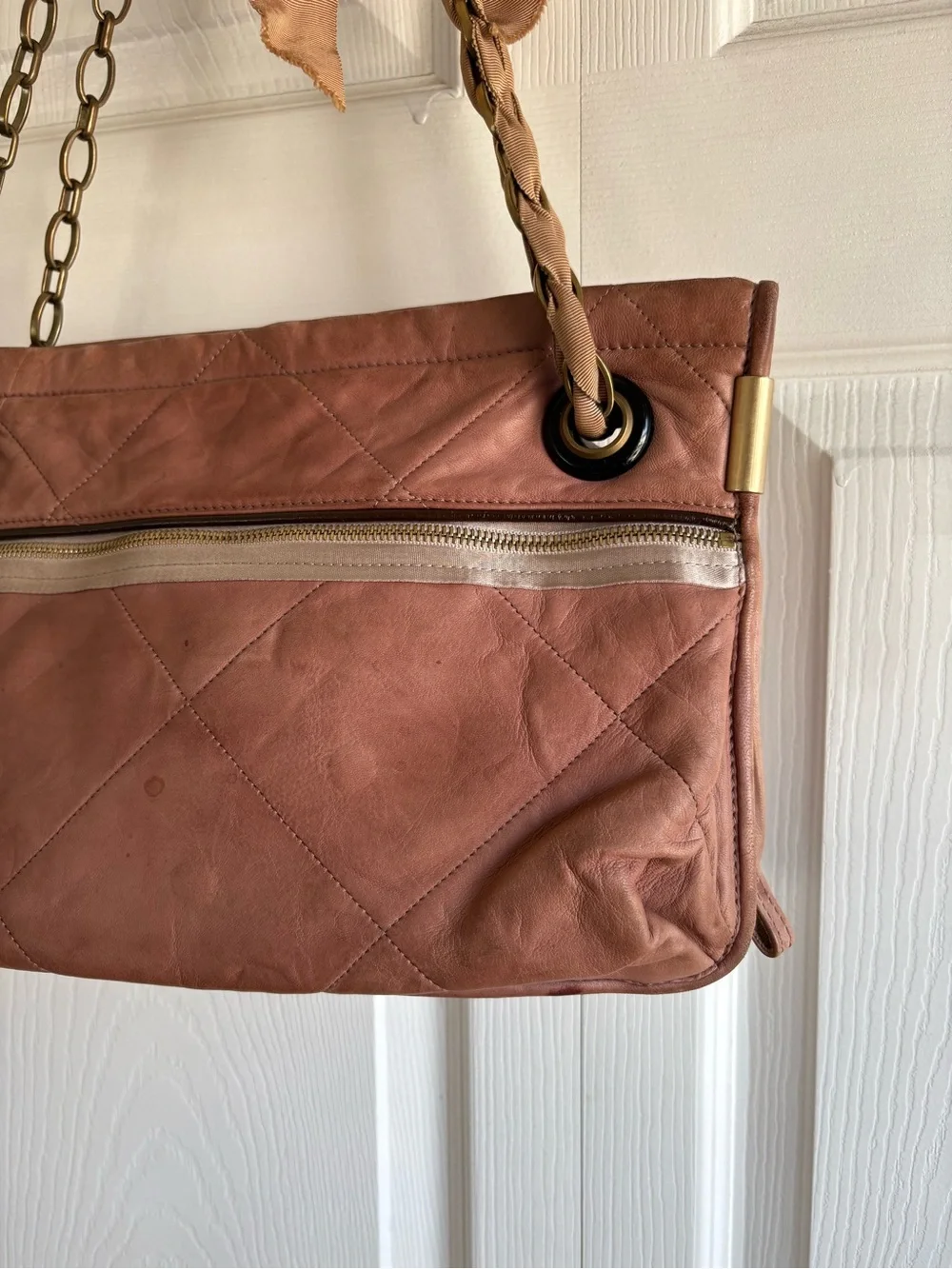 Lanvin Amalia Taupe Ran Lambskin Leather Quilted Chain Shoulder Bag Academia